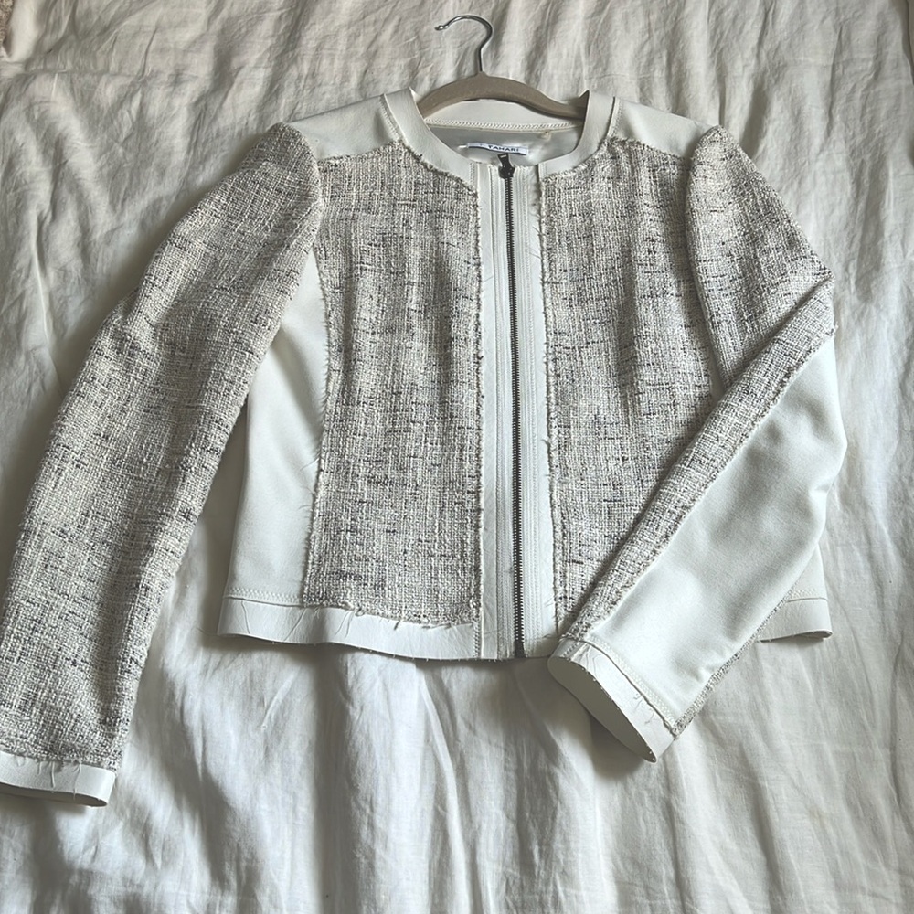 Tahari Cream Tweed & Faux Leather Jacket US Size 8